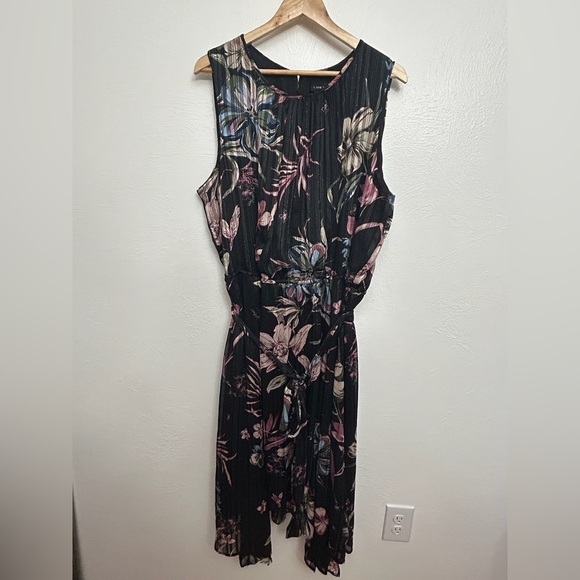 Lane Bryant Black Pink Floral Subtle Metallic Stripes Blouson Midi Dress Sz 24 - Picture 2 of 9